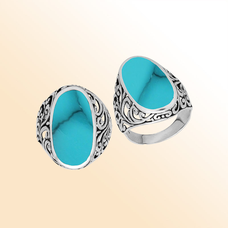 Sterling silver oval Turquoise Shell ring with intricate Bali filigree design and oxidized finish, handcrafted artisan statement jewelry for women.