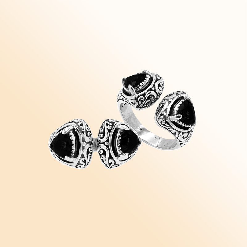 Sterling silver Bali scrollwork ring with trillion-cut Black Onyx Gemstone – artisan handcrafted statement jewelry for women.