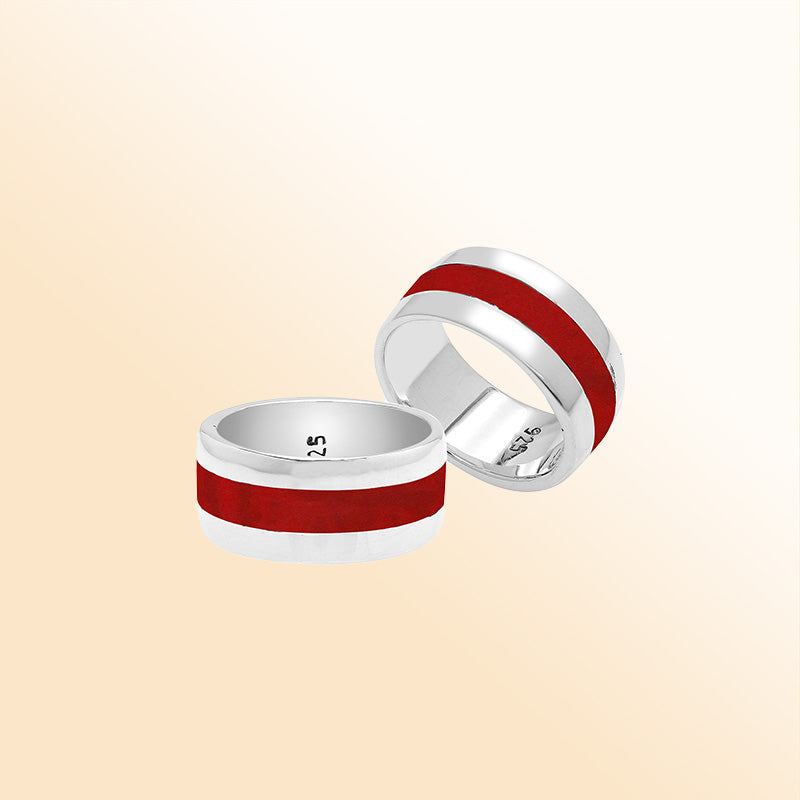 Handcrafted sterling silver wide band ring with vibrant Red Coral inlay, unisex artisan jewelry for everyday wear or gifting.
