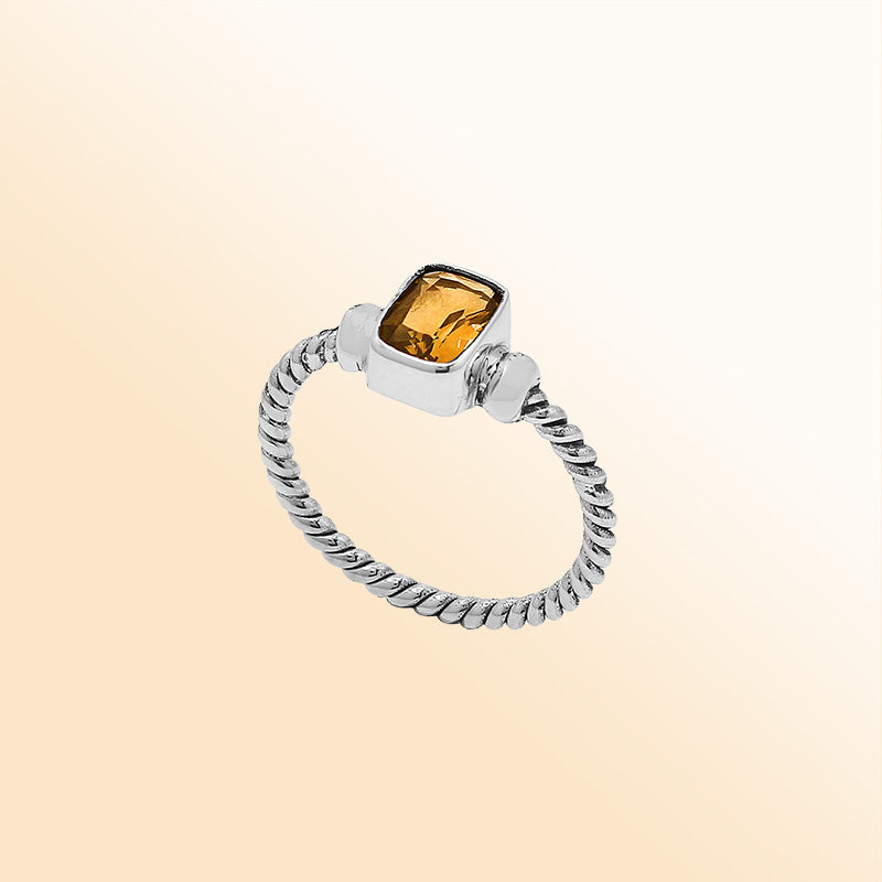 Handcrafted sterling silver twisted band ring with rectangular-cut Citrine Quartz, artisan unisex jewelry for everyday wear or gifting.