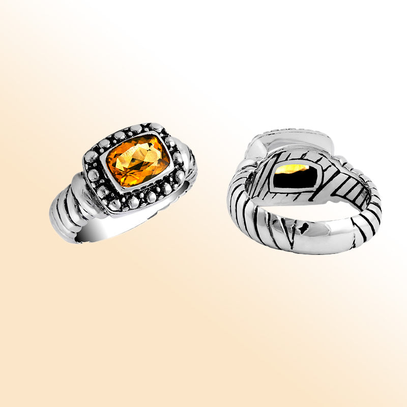 Sterling Silver beautiful ring with Citrine Quartz handcrafted in Bali, Indonesia with oxidized detailing and polished finish