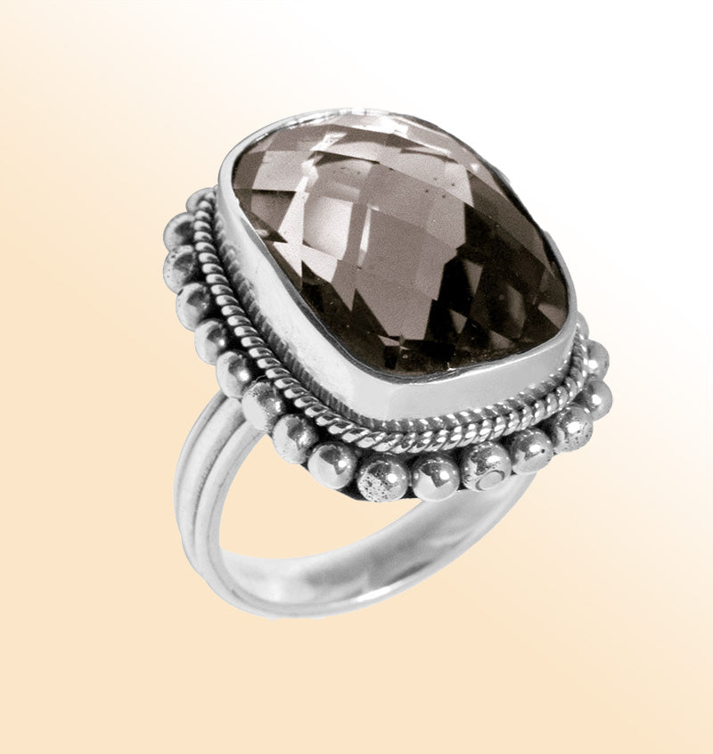 Sterling silver ring with faceted Smoky Quartz and Balinese bead details – handcrafted artisan statement jewelry.