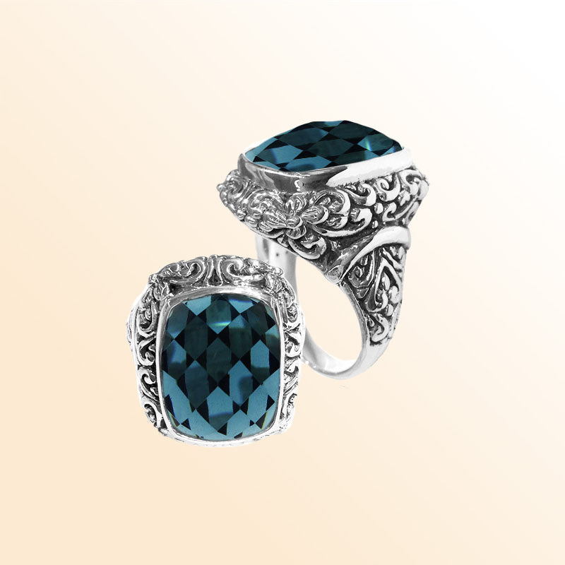 Sterling silver London Blue Topaz Quartz ring with cushion-cut Quartz and ornate Balinese carvings – handcrafted Woman jewelry