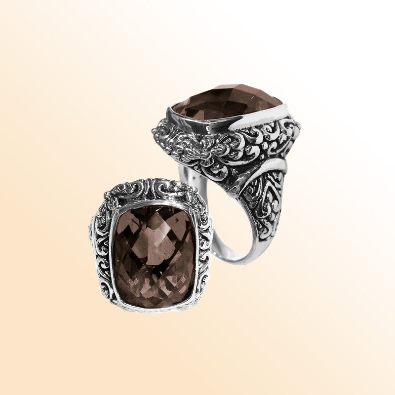 Sterling silver Smoky Quartz ring with cushion-cut Quartz and Balinese design – handcrafted jewelry