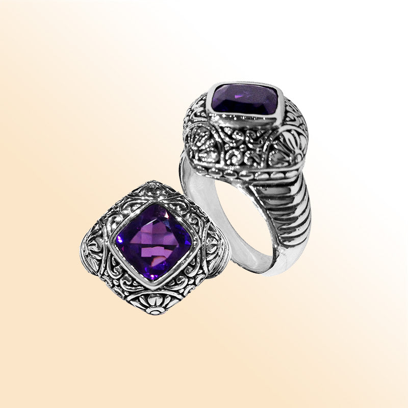 Handcrafted Bali silver ring with purple Amethyst Quartz and intricate carvings for Woman.