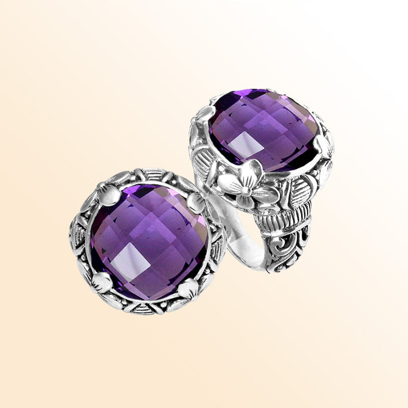 Handcrafted Bali silver ring with round Purple Amethyst Quartz and floral carvings.