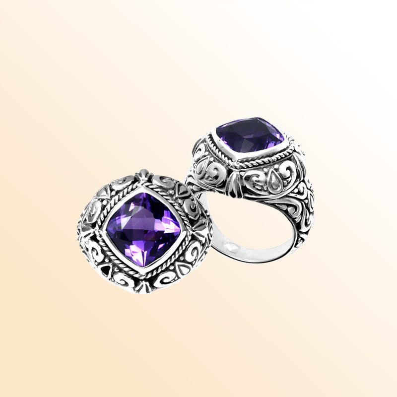 Handmade sterling silver Amethyst Quartz cushion ring with ornate scroll design and rope bezel, artisan Bali jewelry.