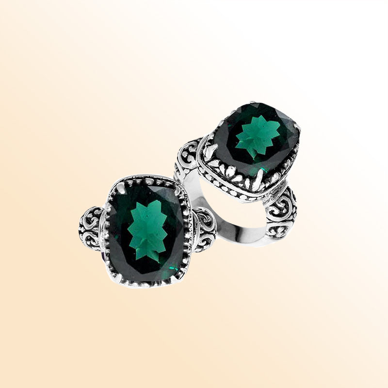 Handcrafted sterling silver Bali cushion-cut Green Quartz ring with scrollwork design.