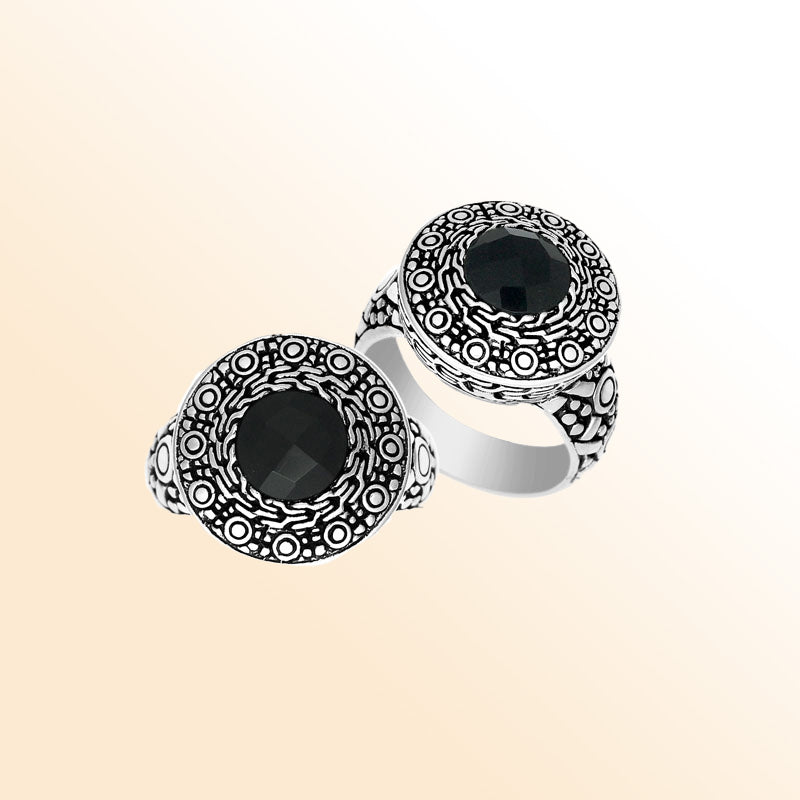 Handmade sterling silver Balinese ring with round Black Onyx Quartz in ornate engraved bezel.