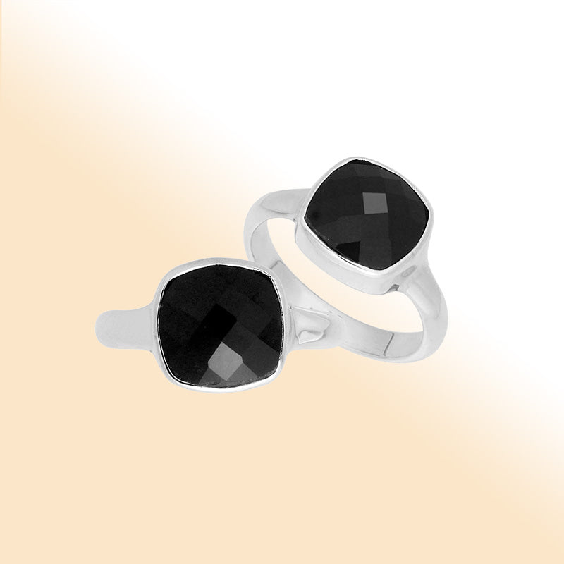 Handmade sterling silver double stone ring with Black Onyx in modern bezel design