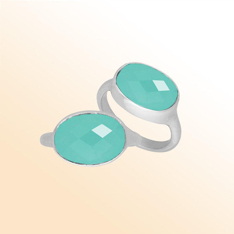 Handmade Sterling Silver ring with twin oval Green Chalcedony Quartz, polished finish, Bali artisan jewelry.
