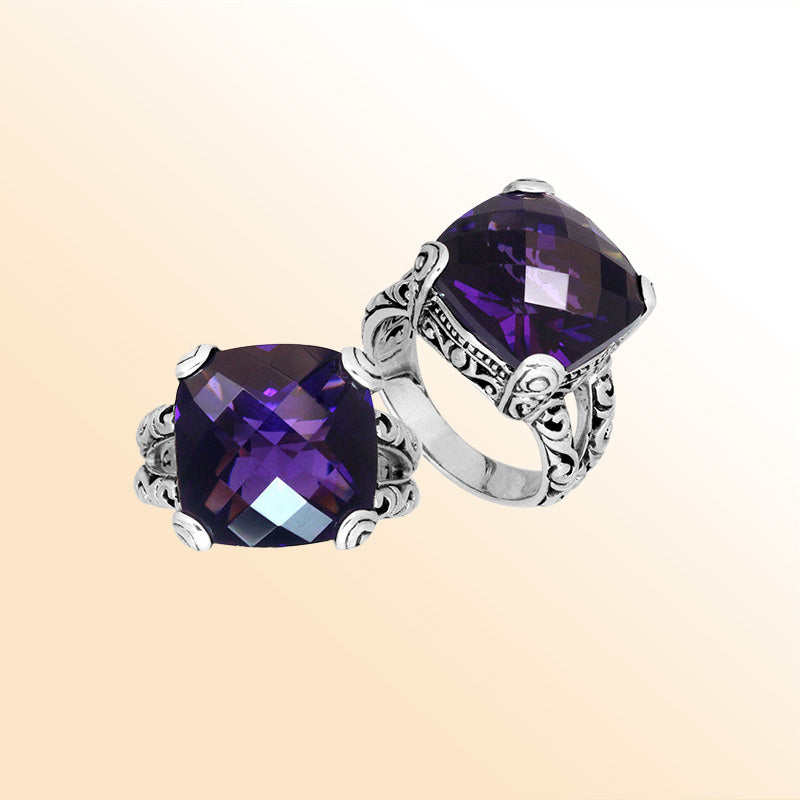 Elegant sterling silver ring with cushion-cut Amethyst Quartz, handcrafted Bali design.