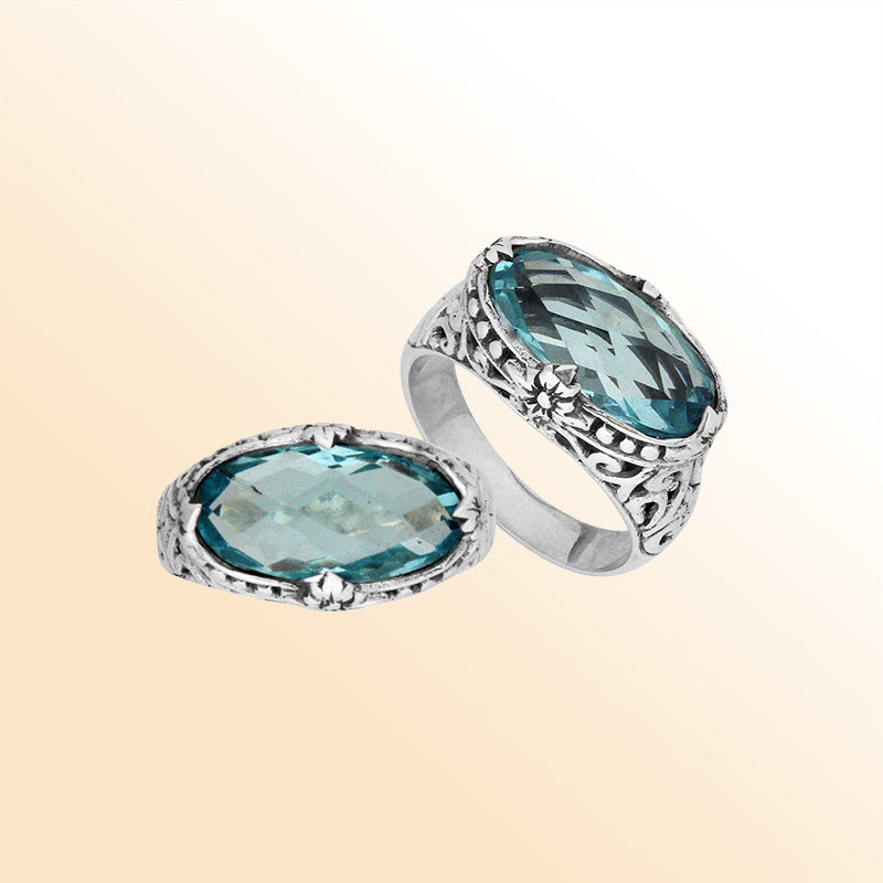 Sterling silver handcrafted Blue Topaz Quartz oval statement ring with Balinese floral detailing