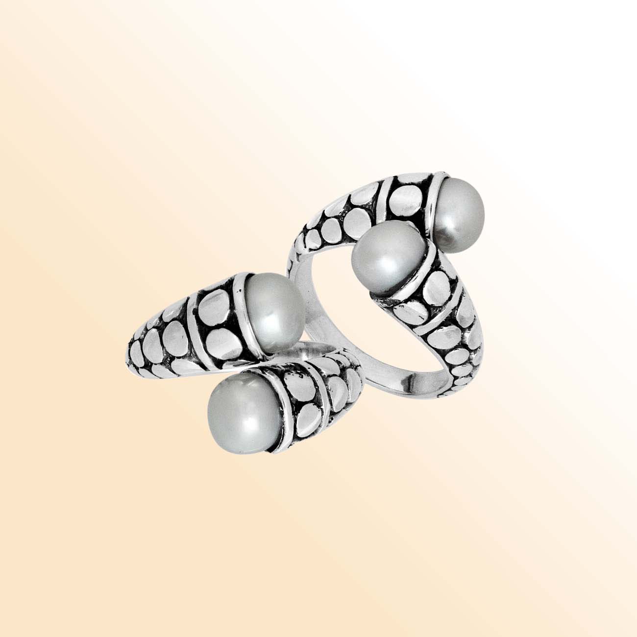 Sterling Silver White Pearl double cabochon split ring with dotted Balinese silverwork