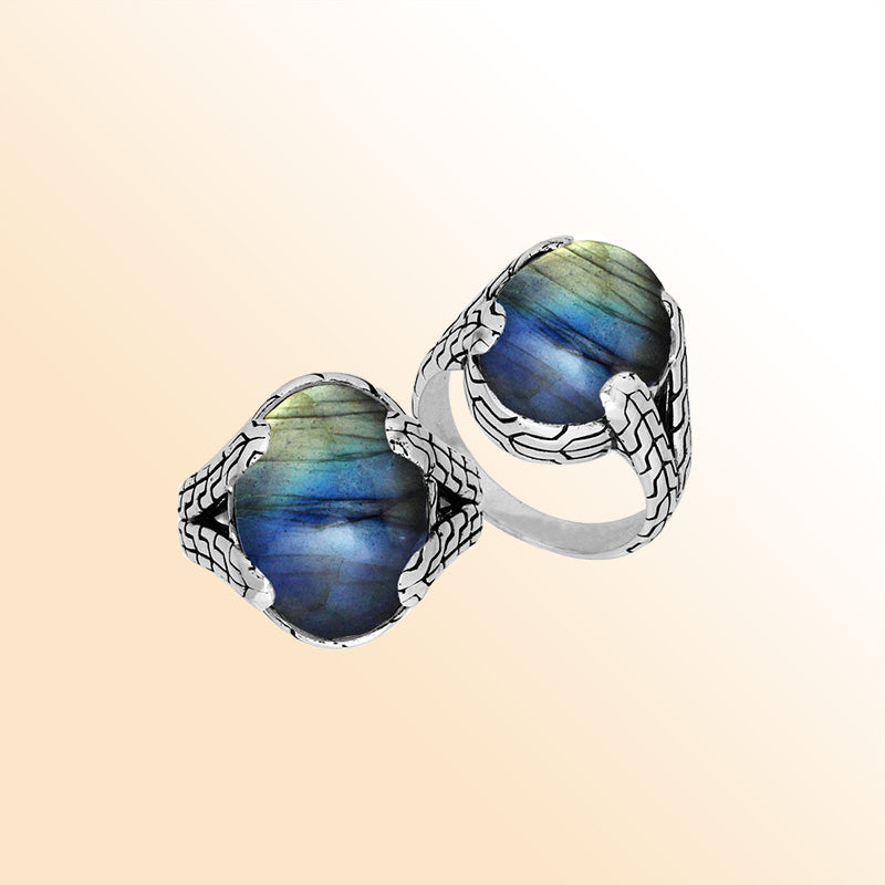 Sterling Silver oval Labradorite cabochon ring with Balinese engraved silver band, handcrafted in Bali