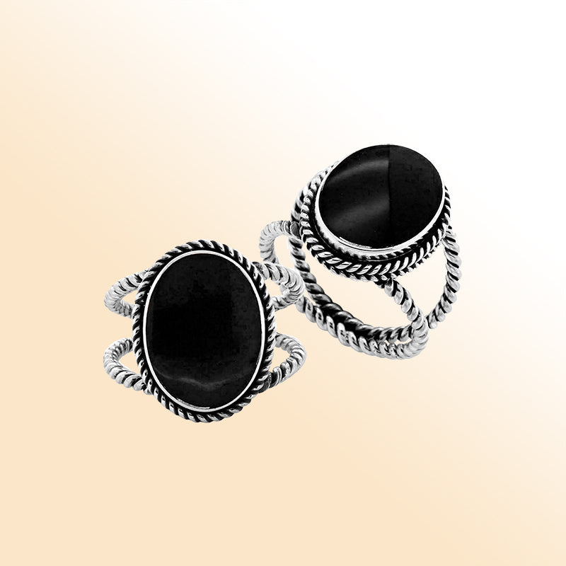 Handcrafted Sterling Silver oval shape ring with Black Shell and twisted Bali rope design