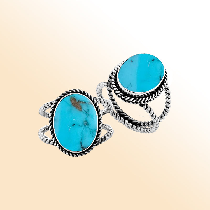 Handcrafted Sterling Silver oval shape ring with Turquoise Shell and twisted Bali rope design