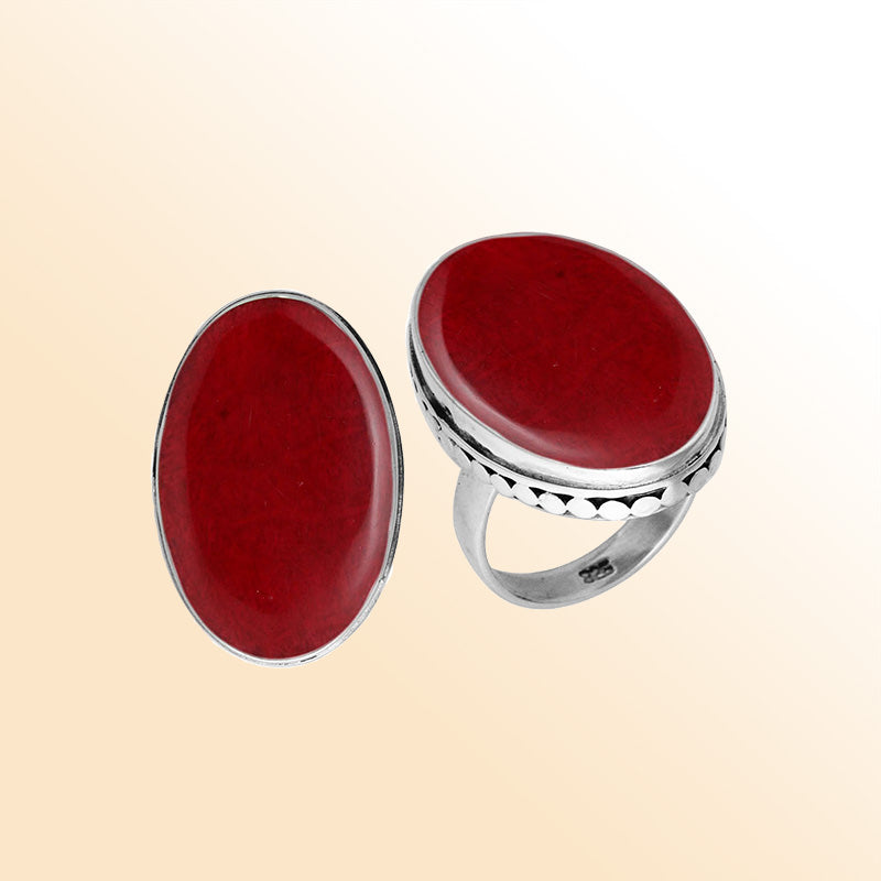 Sterling Silver Handcrafted Red Coral Oval Statement Ring