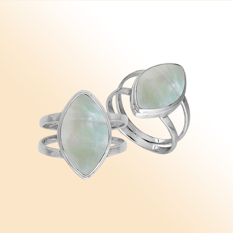 Elegant Sterling Silver Marquise Shape Ring With Mother Of Pearl In Balinese Design