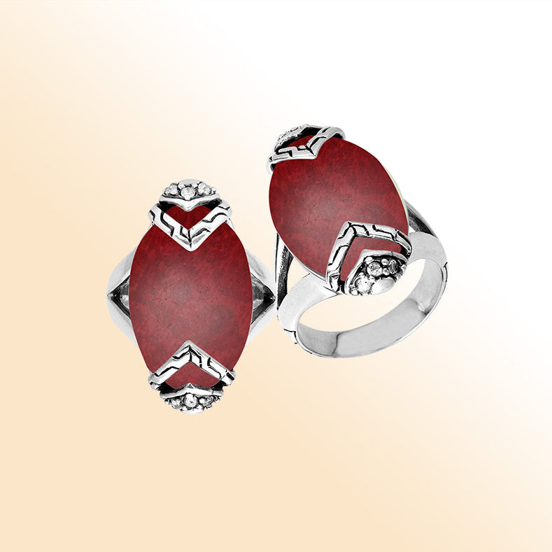 Elegant Sterling Silver Marquise Shape Ring With Red Coral And Cubic Zirconia In Balinese Design
