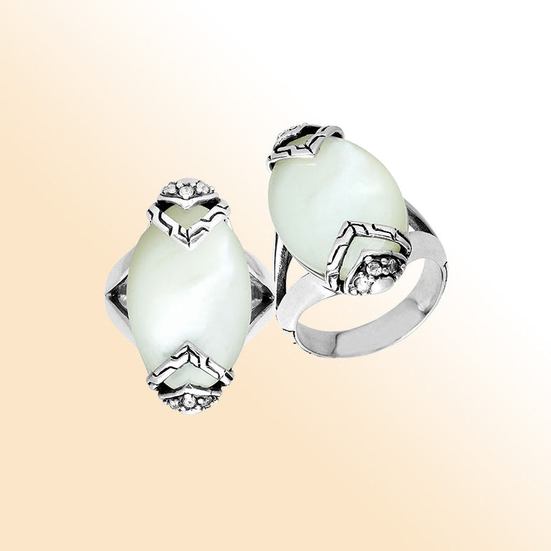 Elegant Sterling Silver Marquise Shape Ring With Mother Of Pearl And Cubic Zirconia In Balinese Design