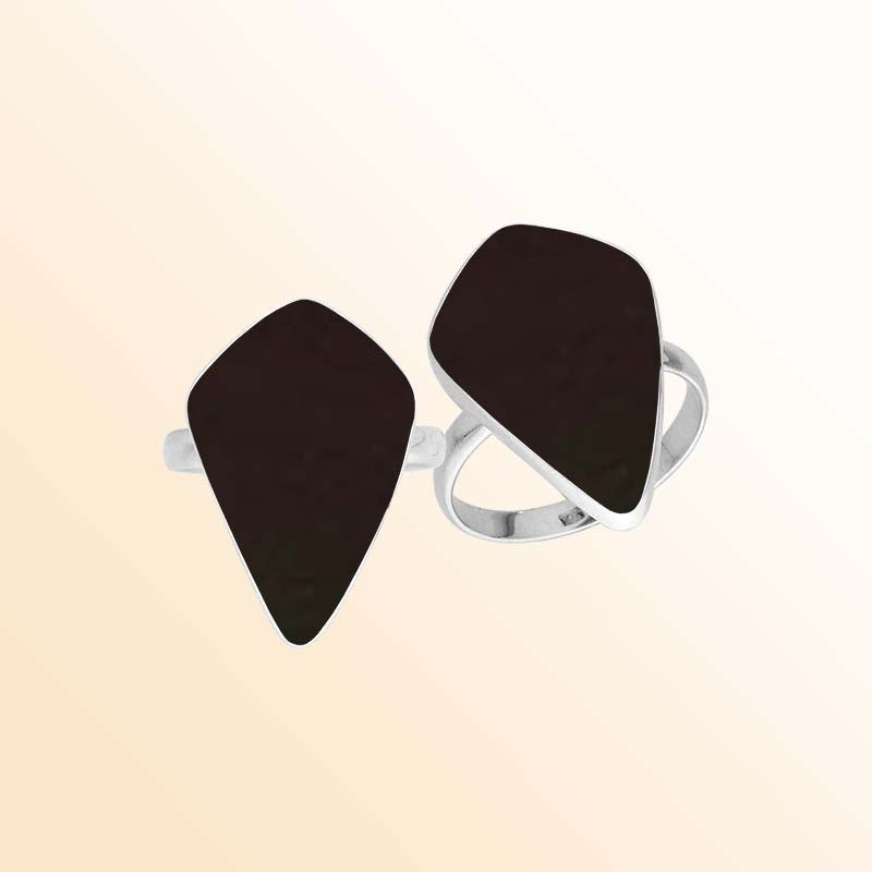 Sterling silver Midnight Muse ring with elongated Black Shell inlay and sculptural asymmetrical statement design