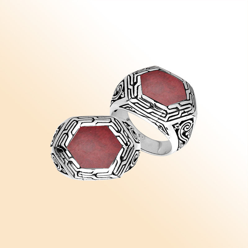 Sterling Silver Hexagon Tribal Statement Ring With Red Coral