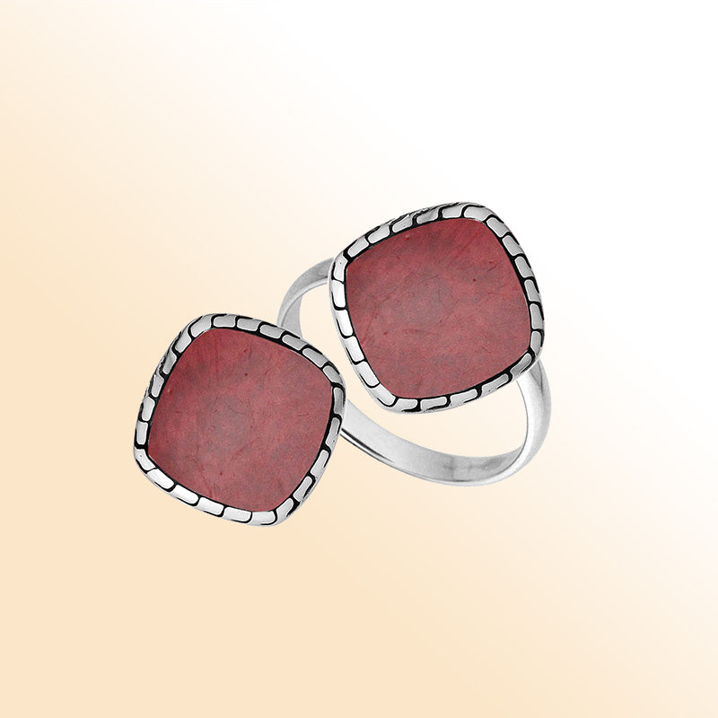 Sterling Silver Cushion Shape Textured Statement Ring With Red Coral