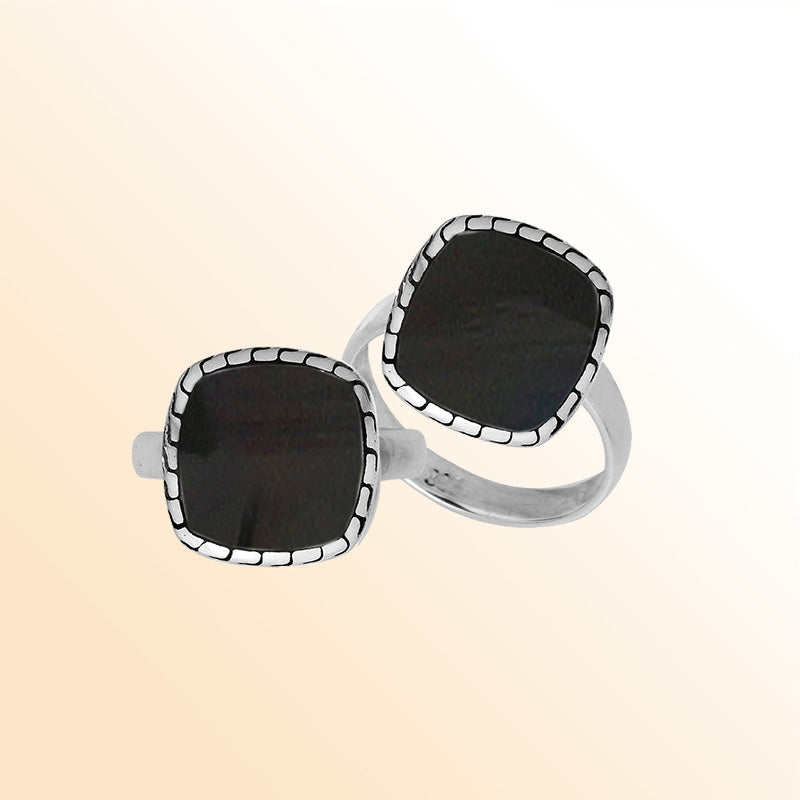 Sterling Silver Cushion Shape Textured Statement Ring With Black Shell