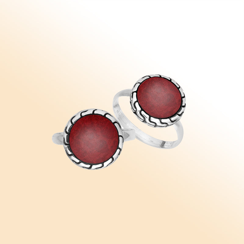 Sterling Silver Round Shape Textured Statement Ring With Red Coral