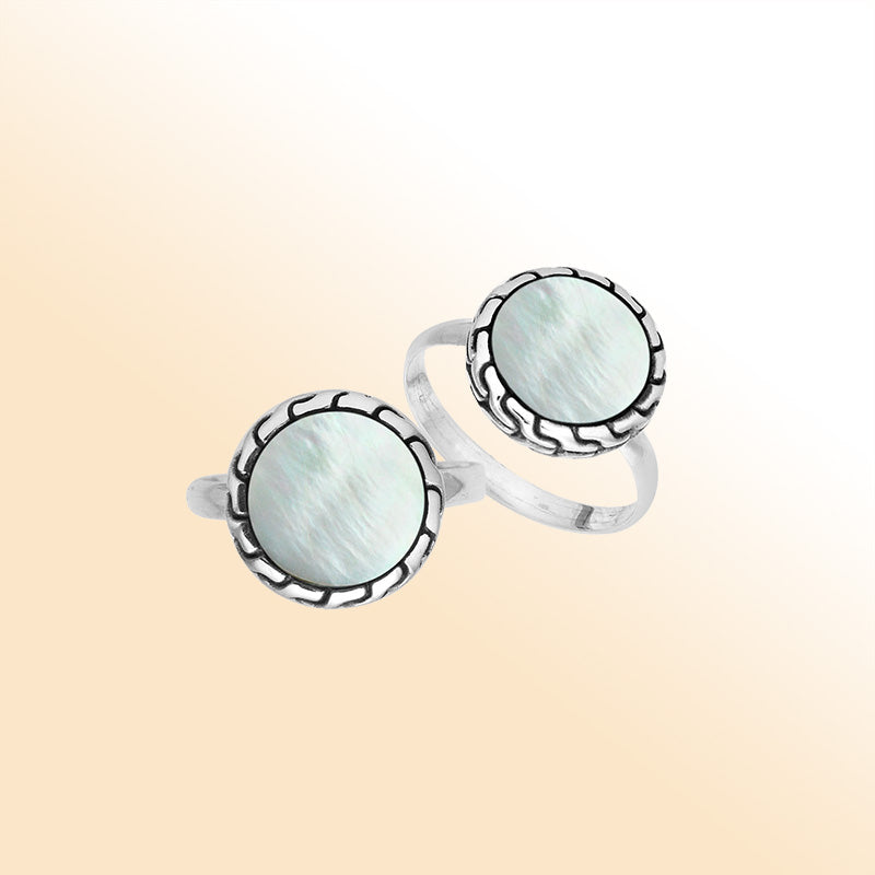 Sterling Silver Round Shape Textured Statement Ring With Mother Of Pearl