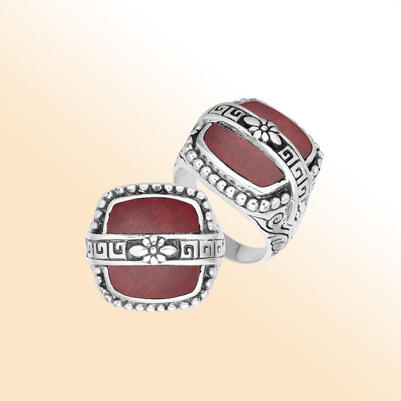 Sterling Silver Red Coral Rectangular Statement Ring With Floral Artistic Design