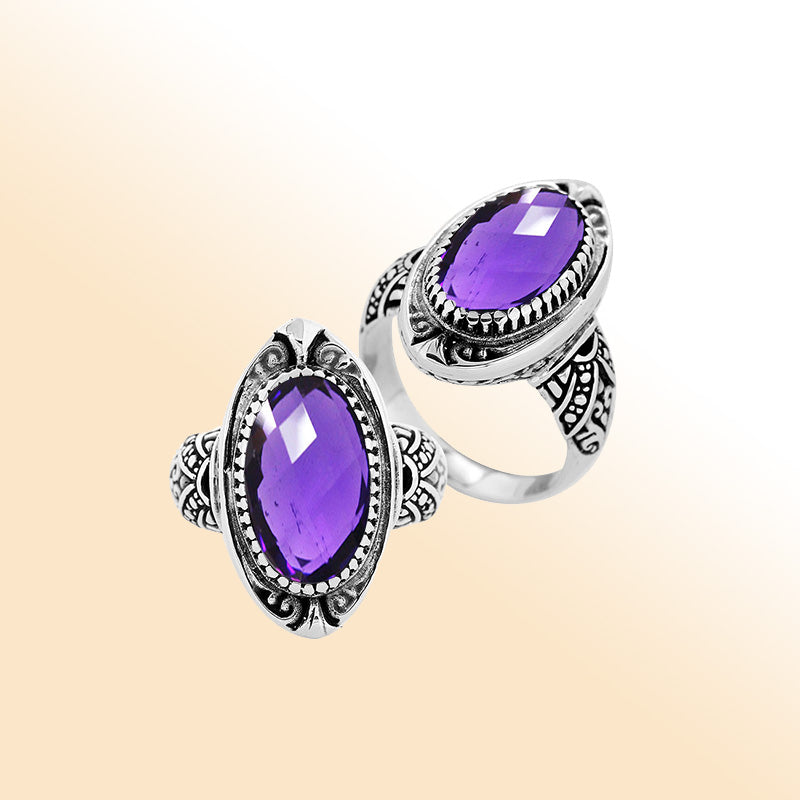 Sterling Silver Amethyst Quartz Oval Shape Balinese Vintage Statement Ring