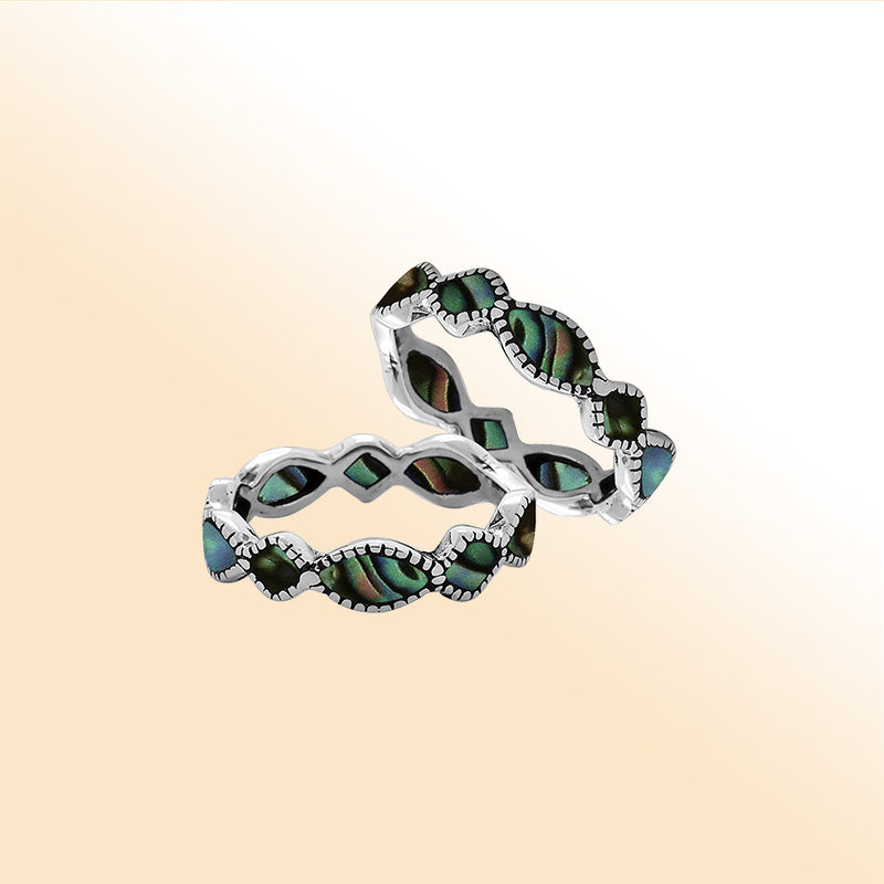 Elegant sterling silver Abalone Shell wave band ring with Balinese handcrafted detailing