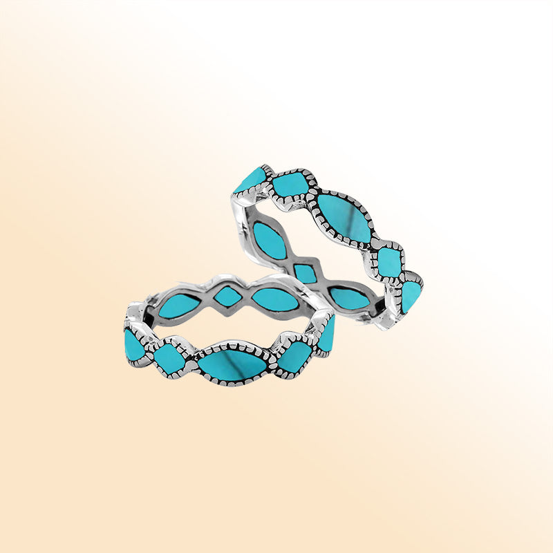 Elegant sterling silver Turquoise Shell wave band ring with Balinese handcrafted detailing
