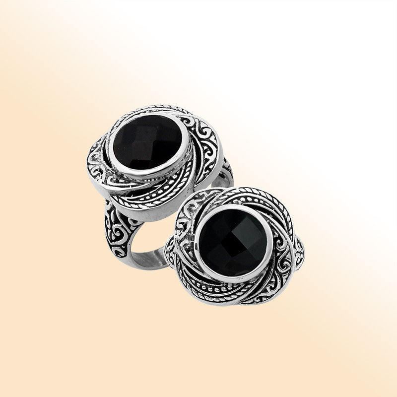 Elegant sterling silver round shape Black Onyx ring with Balinese handcrafted detailing