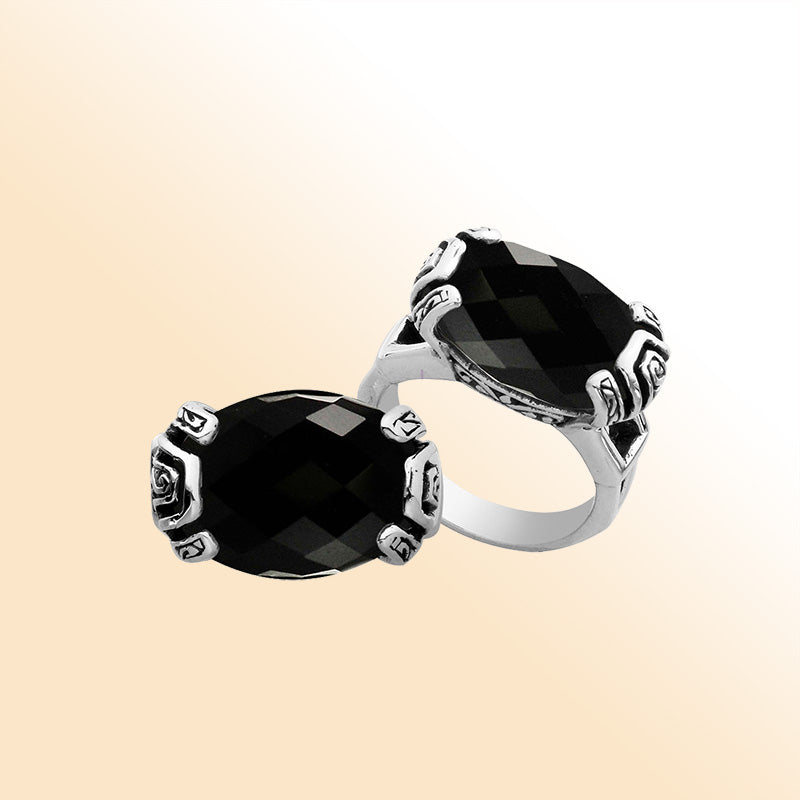 Elegant sterling silver oval shape Black Onyx ring with Balinese handcrafted detailing