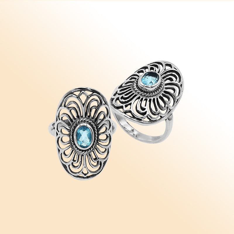 Balinese Silver Oval Shape Ring With Blue Topaz Quartz And Handcrafted Detailing