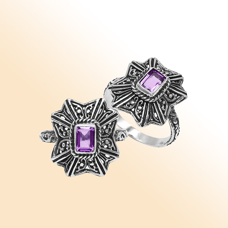 Balinese Silver Designer Ring With Amethyst Quartz And Handcrafted Detailing