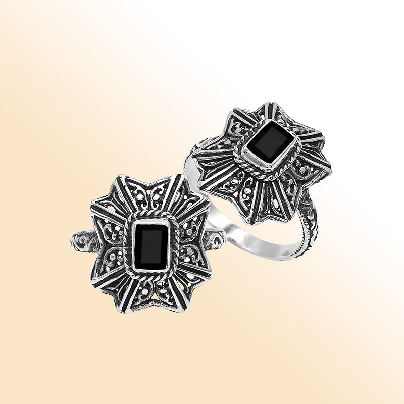 Sterling Silver Balinese Handcrafted Ring With Black Onyx And Designer Detailing