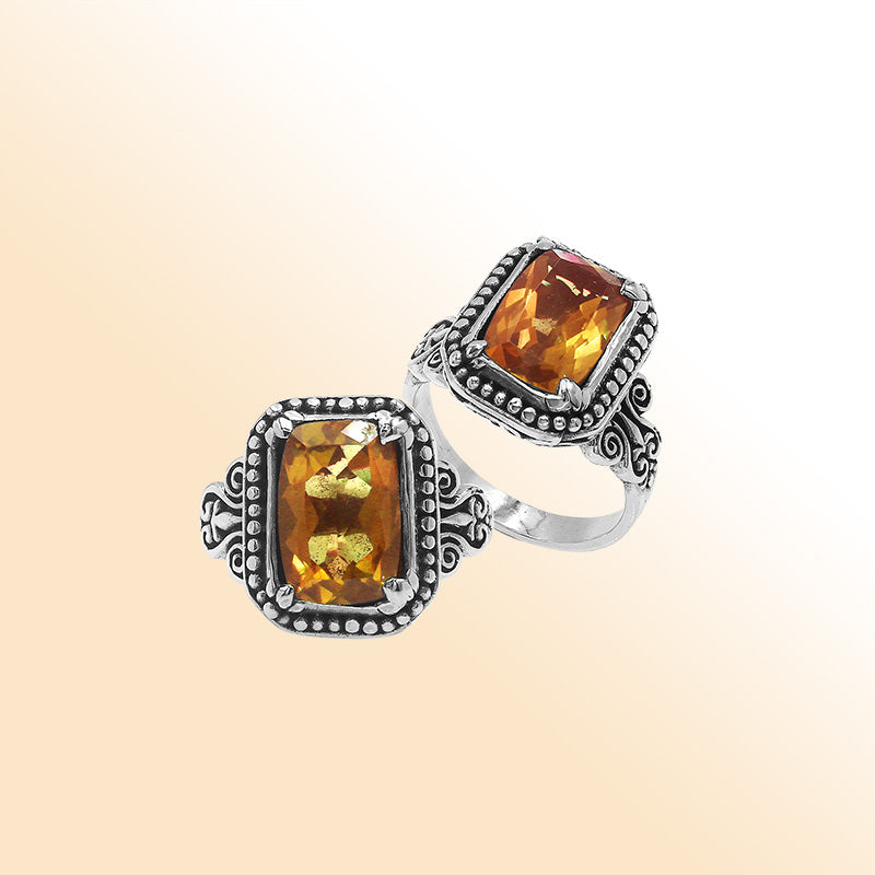Sterling Silver Balinese Handcrafted Ring With Rectangular Citrine Quartz And Designer Detailing
