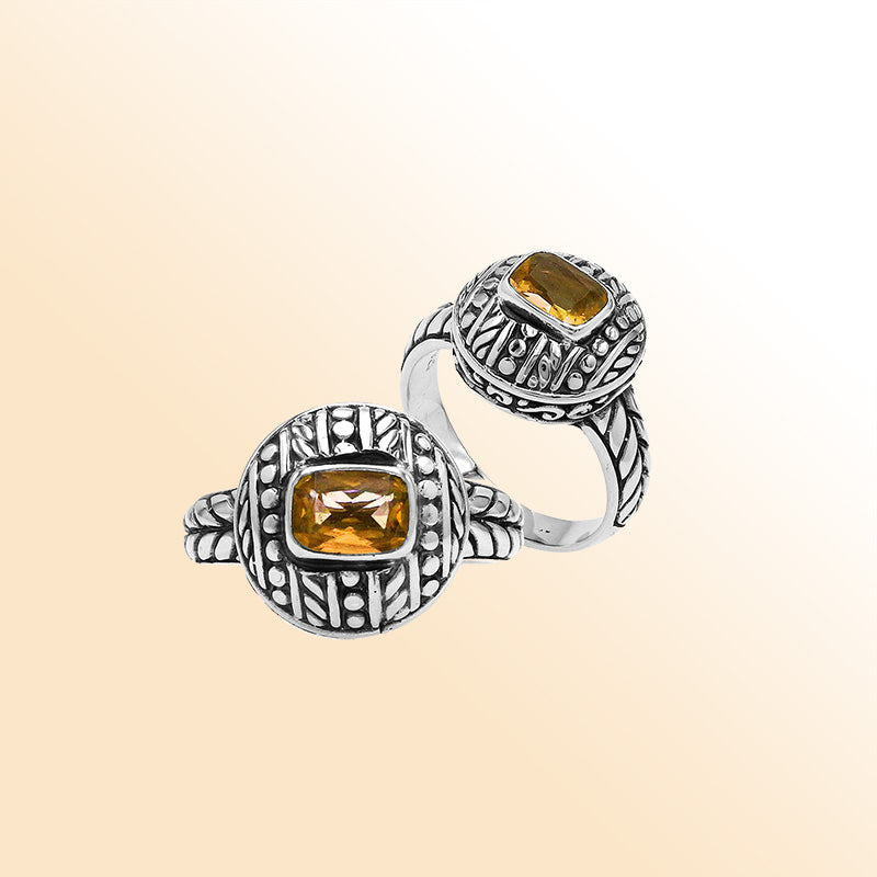 Elegant Sterling Silver Citrine Quartz Ring With Balinese Design