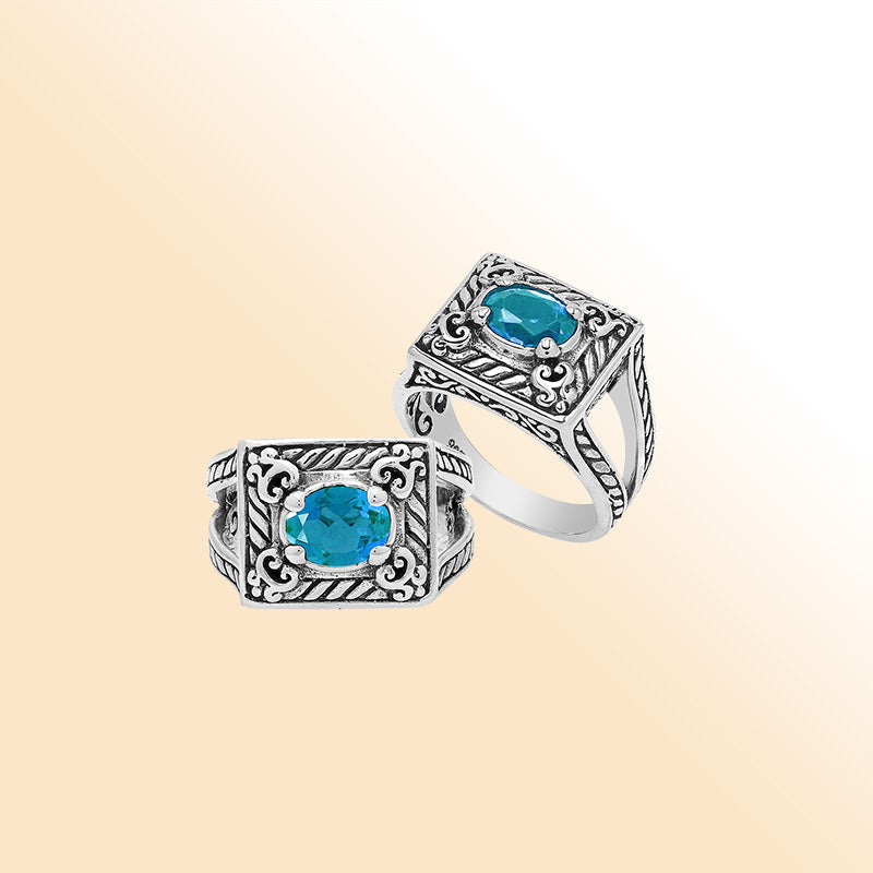 Elegant Sterling Silver Rectangular Blue Topaz Quartz Ring With Balinese Design