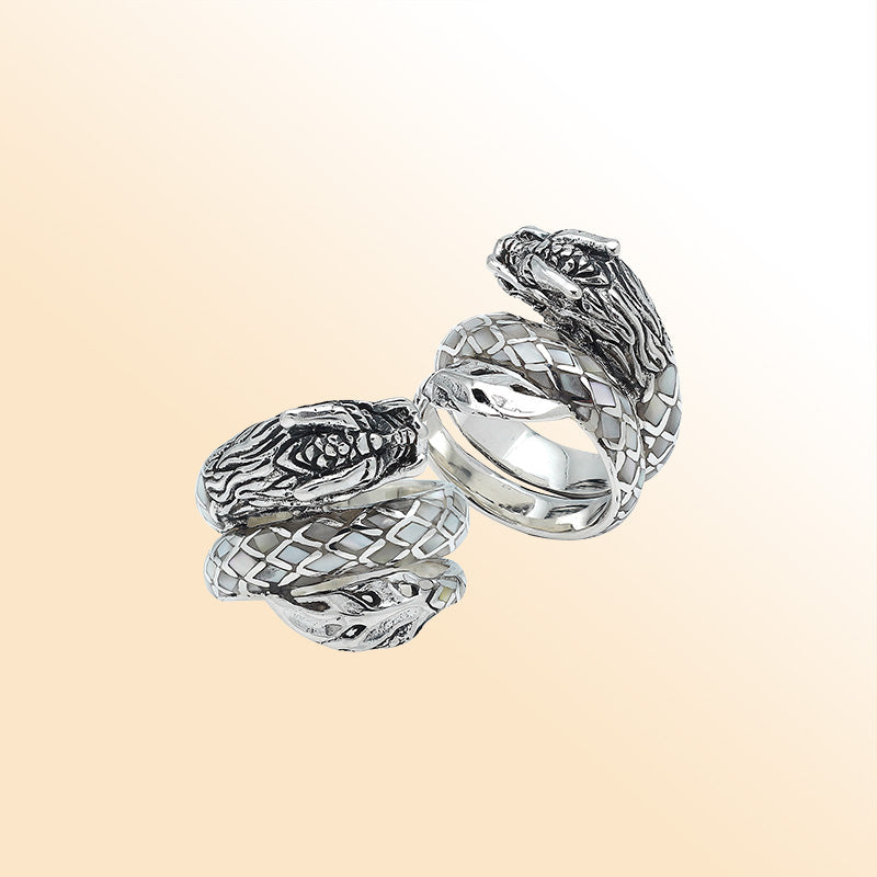 Sterling Silver Dragon Ring With Mother Of Pearl Inlay And Polished Detailing