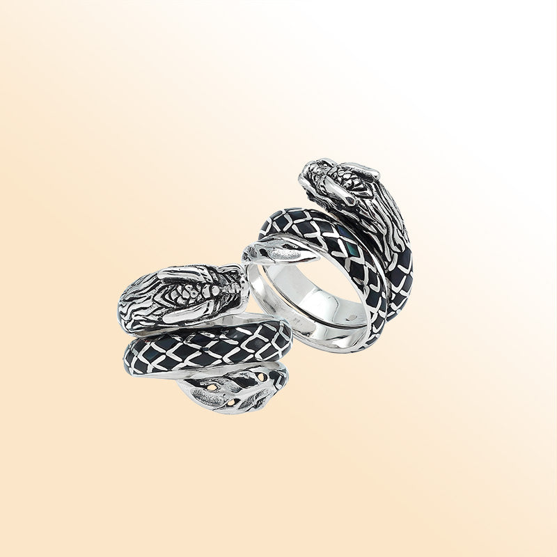 Sterling Silver Dragon Ring With Black Shell Inlay And Polished Detailing