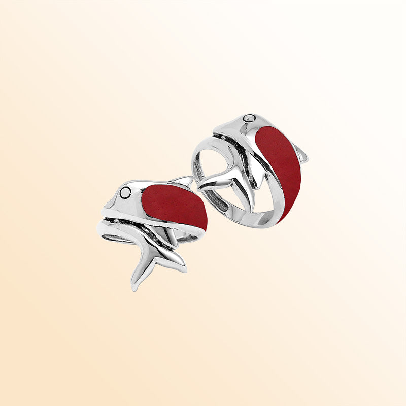 Sterling Silver Dolphin Ring With Red Coral And Polished Detailing