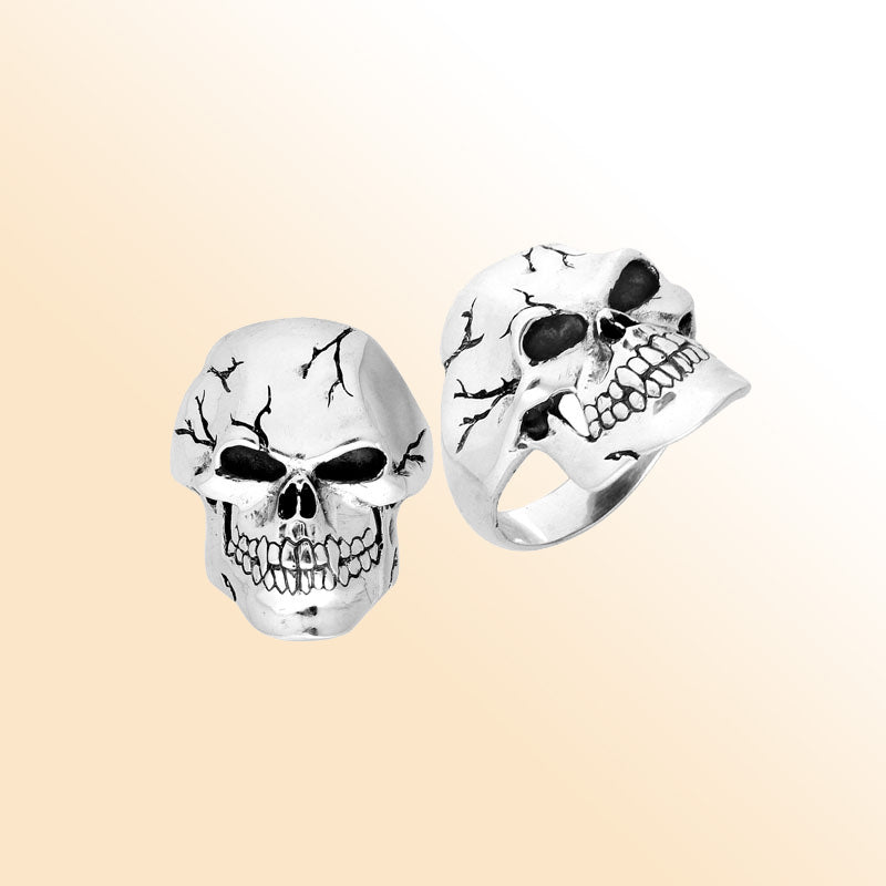 Sterling Silver Gothic Cracked Skull Ring With Oxidized Detailing