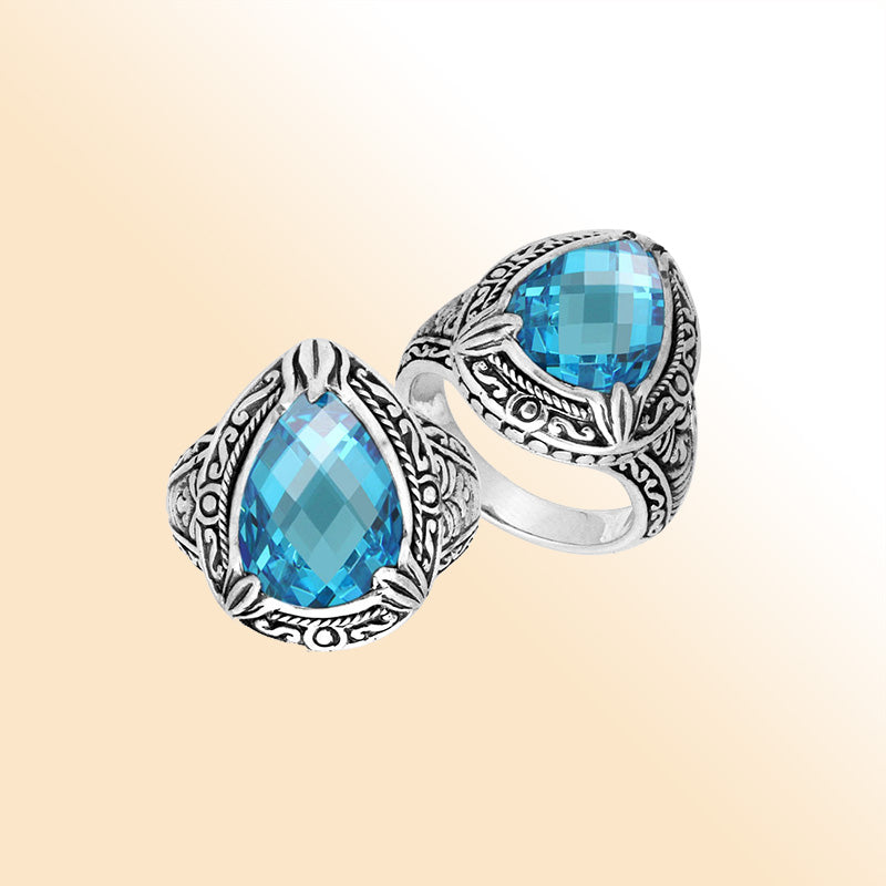 Sterling Silver Blue Topaz Quartz Ring With Balinese Carved Band For Women