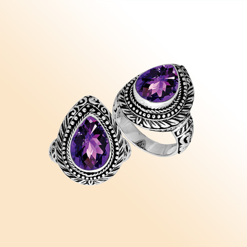 Sterling Silver Pear Shape Amethyst Quartz Ring With Balinese Carved Band For Women