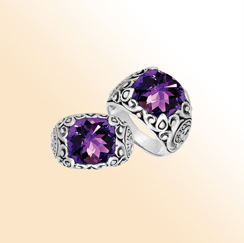 Sterling Silver Balinese Amethyst Quartz Ring With Elegant Leaf Pattern Design